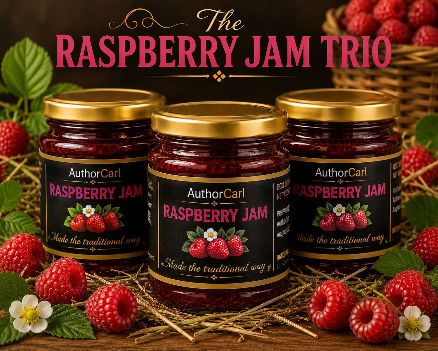 The Raspberry Jam Trio with three jars of raspberry jam